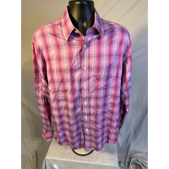 Bugatchi Mens Purple Pattern Long Sleeve Dress Shirt Button Up Size Large L - Picture 1 of 3